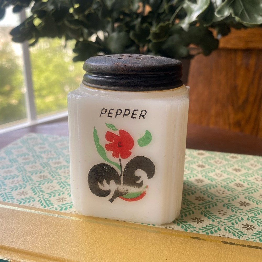 Vintage Milk Glass Pepper Shaker with Floral Design EUC